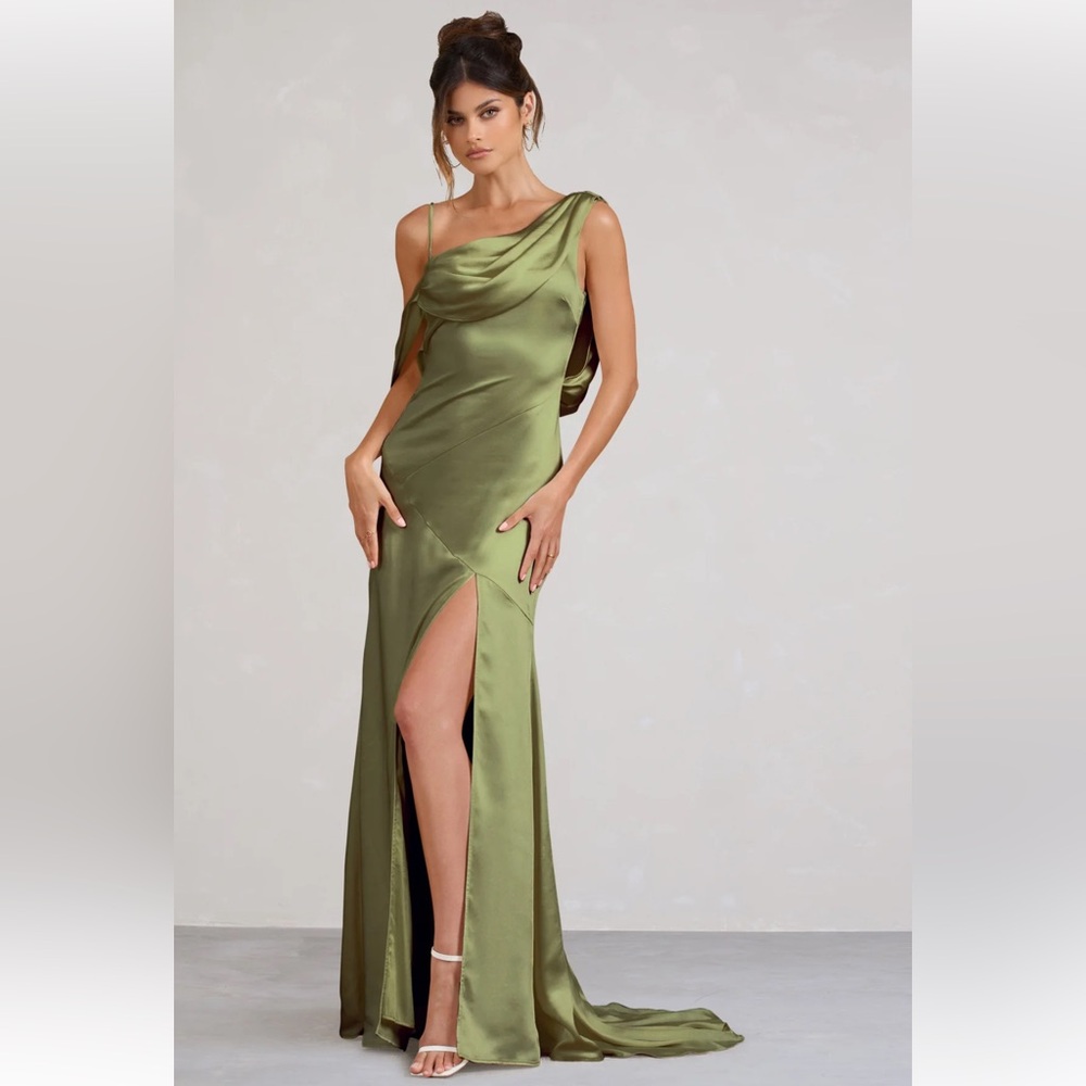 CLUB L LONDON JAYNE OLIVE SATIN ASYMMETRIC DRAPED SPLIT MAXI DRESS